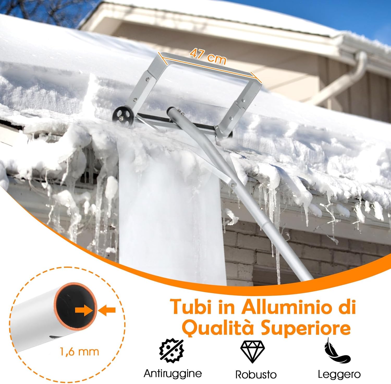 Restrello da Neve per Tetto Lungezza 193-619 cm, Rastrello per Neve Telescopico con 2 Ruote, Restrello in Alluminio Allungabile con 4 Asta Rimozione Neve per Tetto con Tessuto PE