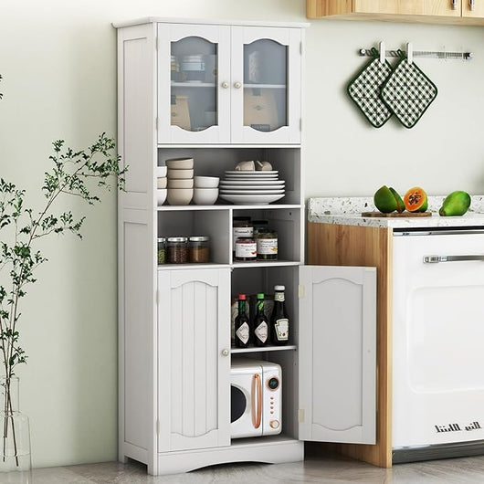 Armadietto Salvaspazio 60 x 30 x 148,5cm, Mobile Bagno con Scomparti Aperti, Scaffafli Regolabili e 2 Porte in Vetro Temprato, Armadio da Bagno per Ufficio, Soggiorno e Camera da Letto, Bianco