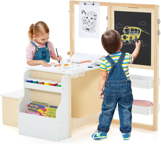 Tavolo Bambini con Sedie 3 in 1, Set Tavolo e Sedie per Bambini in Legno 114 x 81 x 100cm con Lavagna Cancellabile e Regolabile, Libreria, Scaffale e Accessori per l'Arte (Bianco)