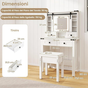Toeletta da Trucco con Luci LED a 3 Colori Luminosit¨¤ Regolabile, Tavolo da Trucco con Specchio Scorrevole e Piano di Vetro, Postazione Trucco con 4 Cassetti e Ripiani Regolabili, Bianco