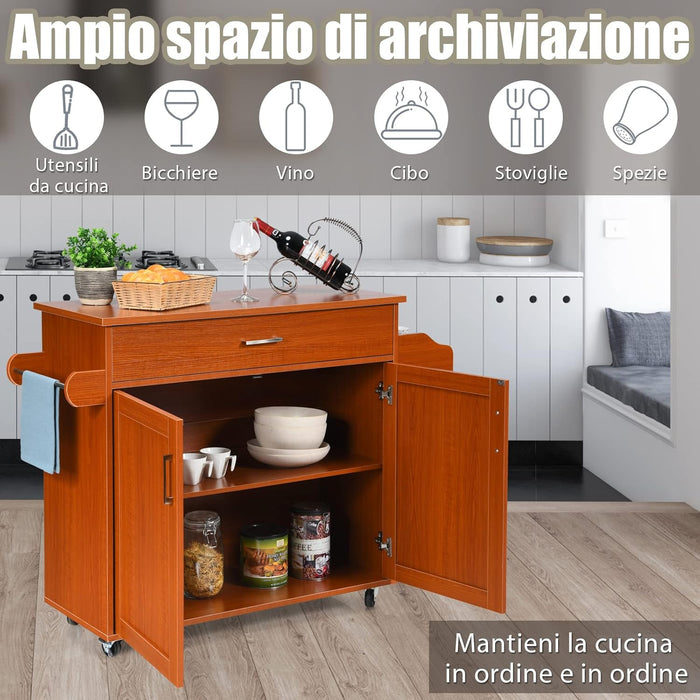 Carrello da Cucina con Ruote di Gomma, Scaffale per Microonde Carrello Servizio, Credenza Cucina Legno Moderno Elegante, 116 x 37 x 85 cm (Marrone)