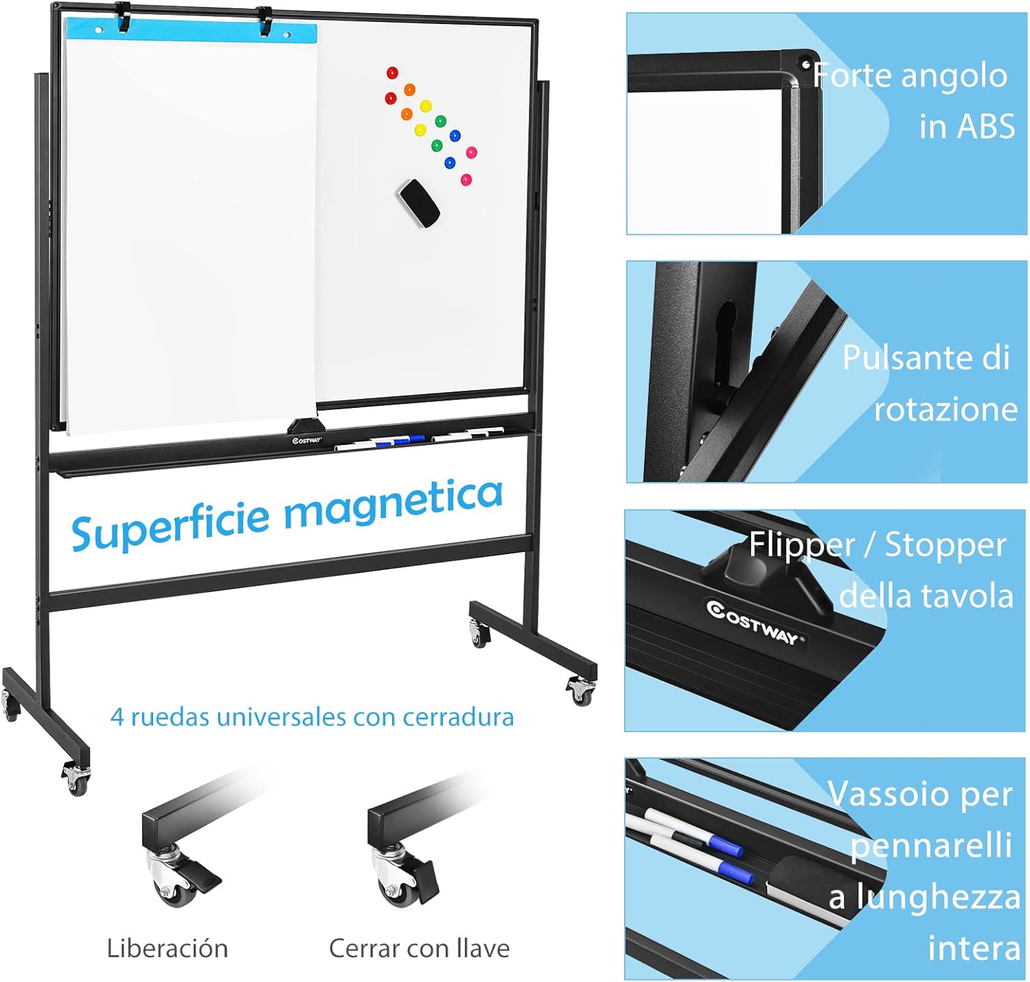 Lavagna Bianca Magnetica Mobile, Lavagna Cancellabile con Altezza Regolabile Girevole a 360°, con 4 Ruote Bloccabili, Doppia Faccia, 90 x 120 cm