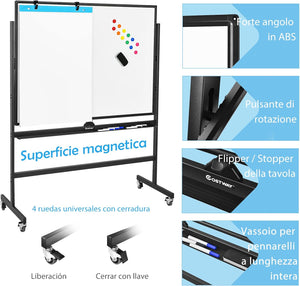 Lavagna Bianca Magnetica Mobile, Lavagna Cancellabile con Altezza Regolabile Girevole a 360°, con 4 Ruote Bloccabili, Doppia Faccia, 90 x 120 cm