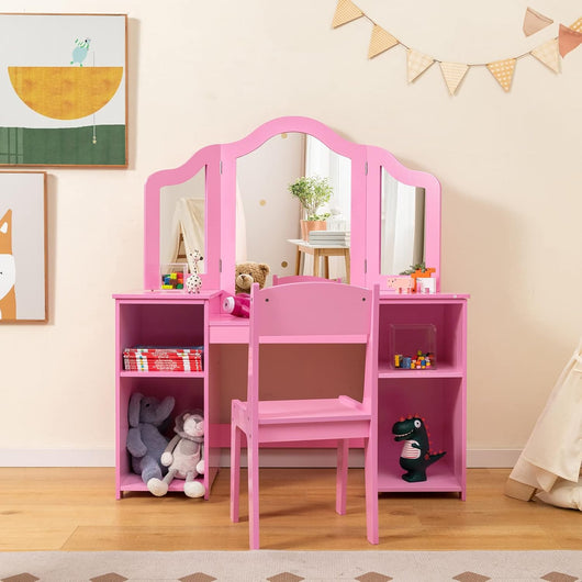 Set Toeletta per Bambini 2 in 1, Set Postazione Trucco in Legno con Sedia, Specchio a 3 Ante Rimovibile e 4 Scomparti, per Bambini 3+ Anni (Rosa)