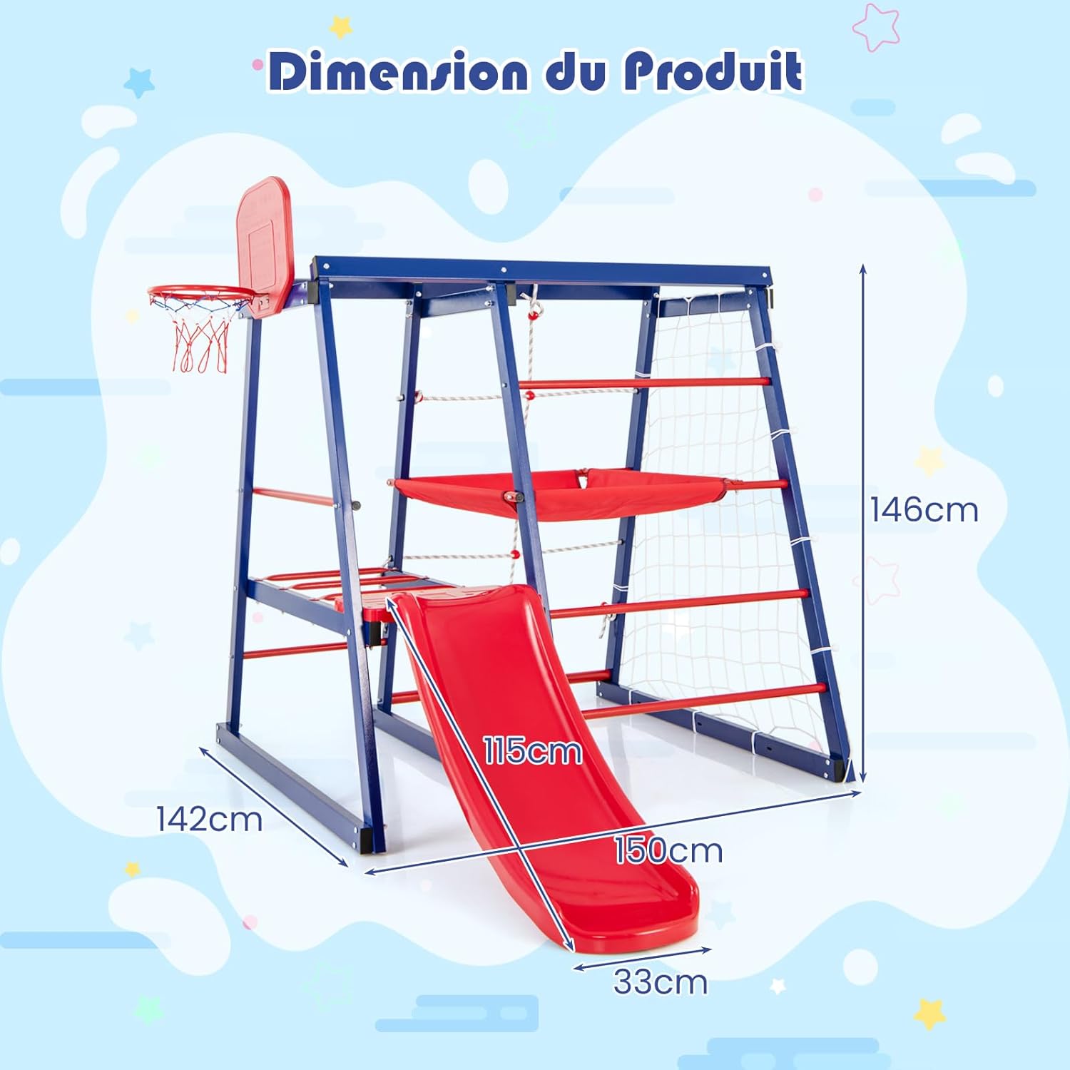 7 in 1 Parco giochi Arrampicata Bambino con Scivolo & Cestino da Pallacanestro, Giocattolo Arrampicata Montessori con 2 Piattaforma, Interno Esterno, Carico 120kg per Bambini 3-7 Anni