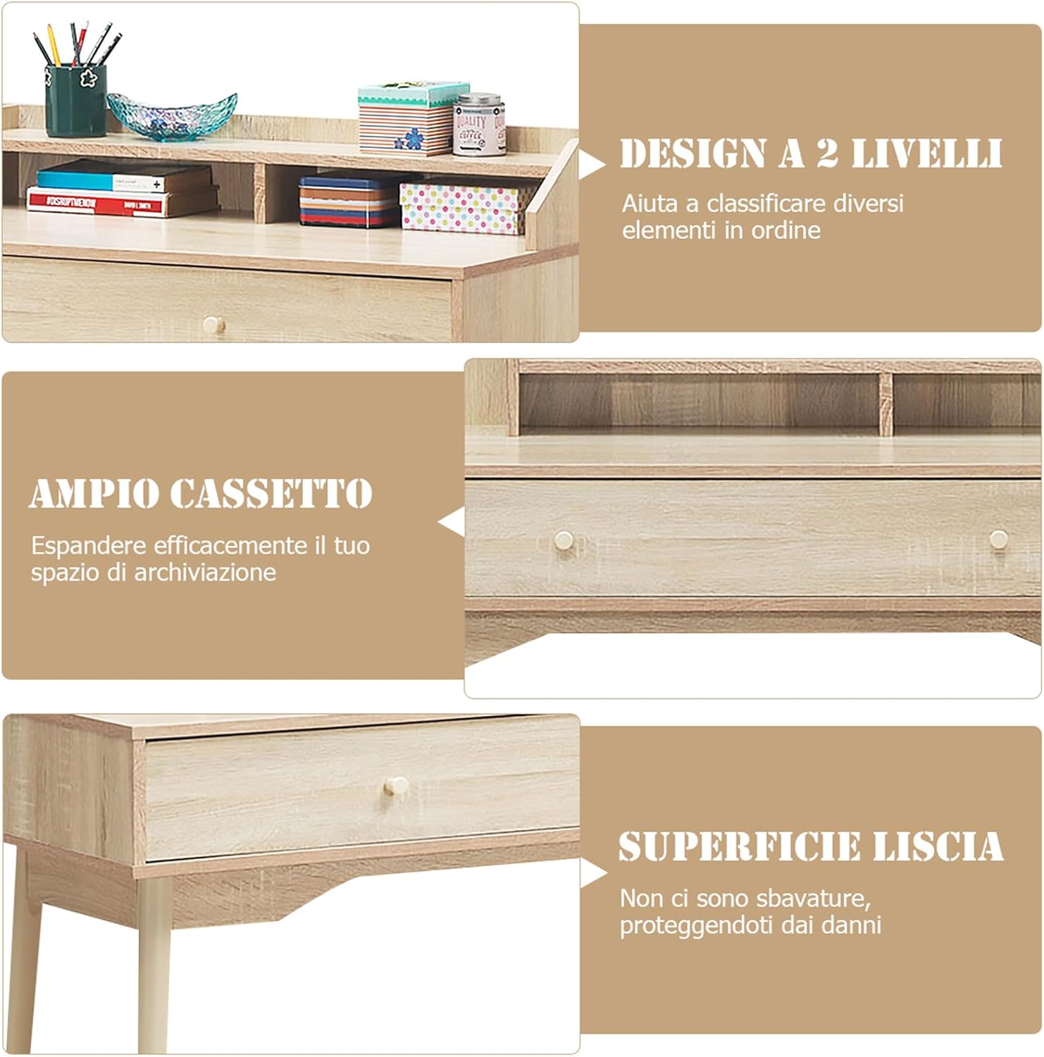 Scrivania con Cassetto, Tavolo per Casa e Ufficio con Gambe Resistenti in Legno di Gomma e 2 Scompartimenti, Ideale per Salone Studio Camera da Letto, 120 x 50 x 93 cm (Naturale)