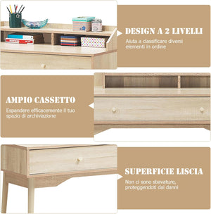 Scrivania con Cassetto, Tavolo per Casa e Ufficio con Gambe Resistenti in Legno di Gomma e 2 Scompartimenti, Ideale per Salone Studio Camera da Letto, 120 x 50 x 93 cm (Naturale)