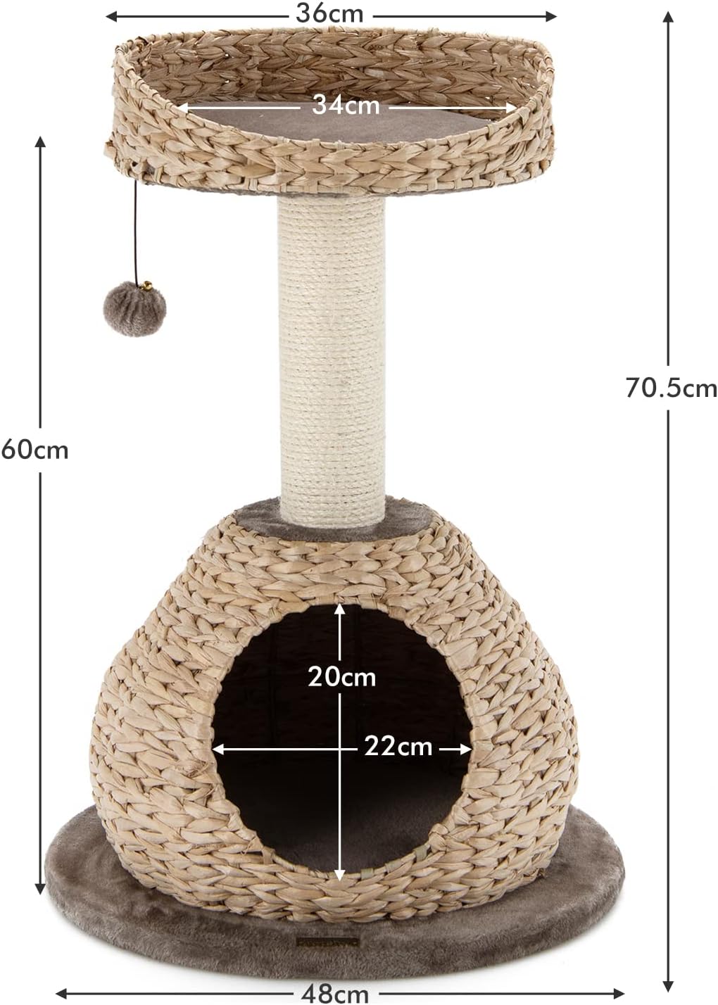 Tiragraffi per Gatti Piccoli, Tiragraffi Gatto con Cuccia, Piattaforma, Pallina e Palo Tiragraffi in Sisal Naturale, Albero Tiragraffi da Divano, Salotto e Camera da Letto, 48 x 48 x 70,5 cm