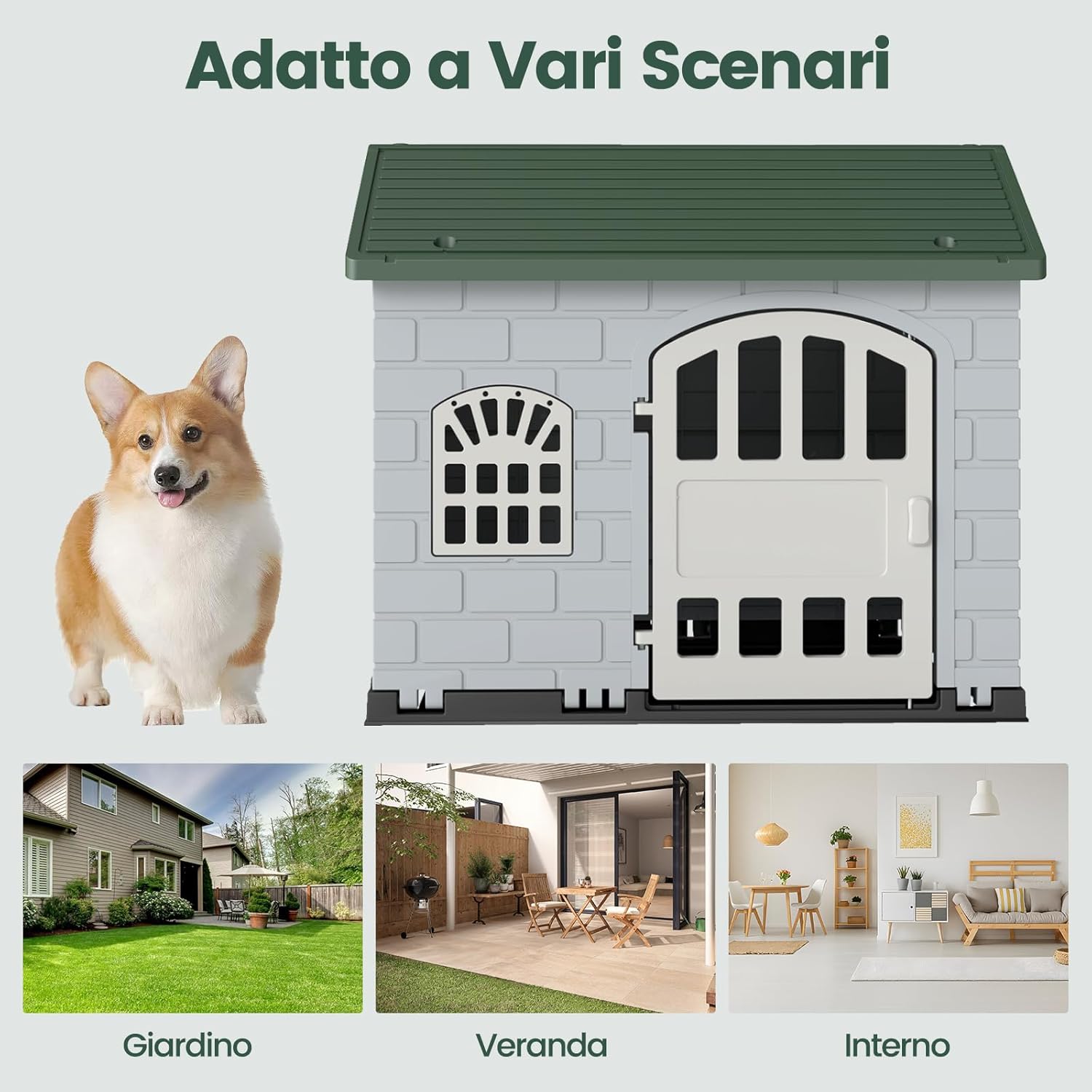 Cuccia per Cani da Esterno ed Interno, Cassetta per Cani con Porta Bloccabile, 3 Finestre e Tetto Inclinato, Cucce per Cagnolino in Plastica Impermeabile (Verde)