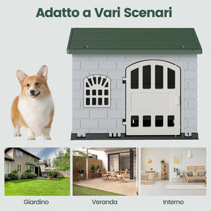 Cuccia per Cani da Esterno ed Interno, Cassetta per Cani con Porta Bloccabile, 3 Finestre e Tetto Inclinato, Cucce per Cagnolino in Plastica Impermeabile (Verde)