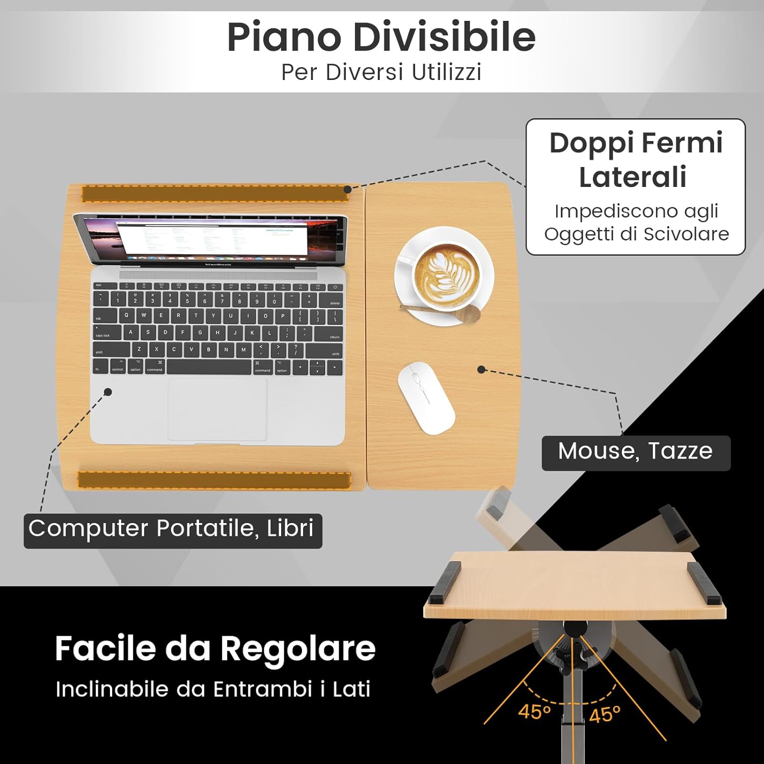 Tavolino Regolabile in Altezza, Tavolino da Computer per Letto e Divano, Tavolo Servitore Porta PC con Ruote