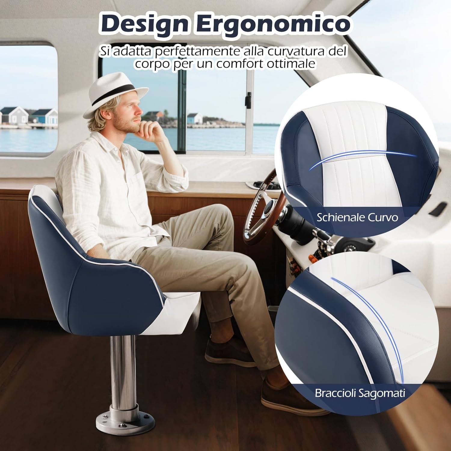 Sedia da Barca, Sedile da Barca con Schienale Avvolgente, Imbottitura Spessa in Spugna, Pelle PVC Impermeabile, Braccioli, Viti di Montaggio, 59 x 55 x 51 cm