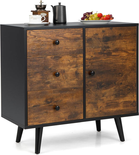 Mobiletto Multiuso con 3 Cassetti e 1 Armadio, Armadietto con Gambe di Legno e Altezza del Ripiano Regolabile, Ideale per Ingresso, Soggiorno e Cucina, 73 x 40 x 76 cm