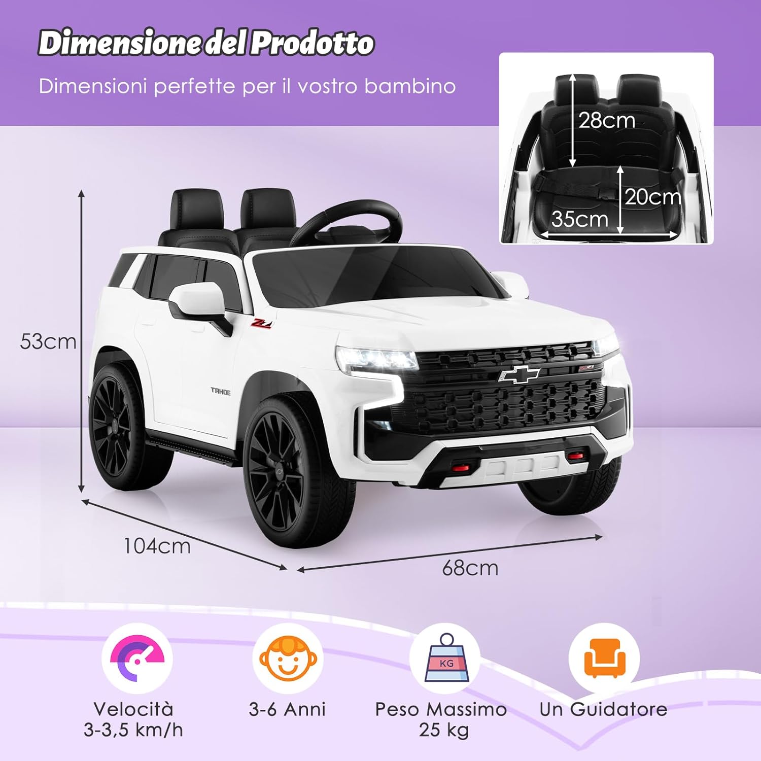 12V Macchina Elettrica per Bambini Chevrolet, SUV Elettrica con Telecomando Luci Luminose e Musica, 3-3,5 km/h, Ideale per Bambini di 3-6 Anni (Bianco)