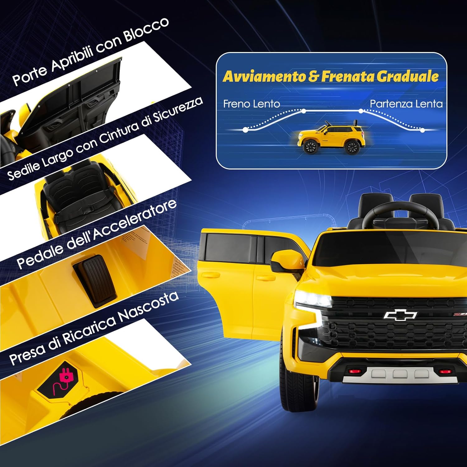 12V Macchina Elettrica per Bambini Chevrolet, SUV Elettrica con Telecomando Luci Luminose e Musica, 3-3,5 km/h, Ideale per Bambini di 3-6 Anni (Giallo)