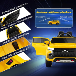 12V Macchina Elettrica per Bambini Chevrolet, SUV Elettrica con Telecomando Luci Luminose e Musica, 3-3,5 km/h, Ideale per Bambini di 3-6 Anni (Giallo)