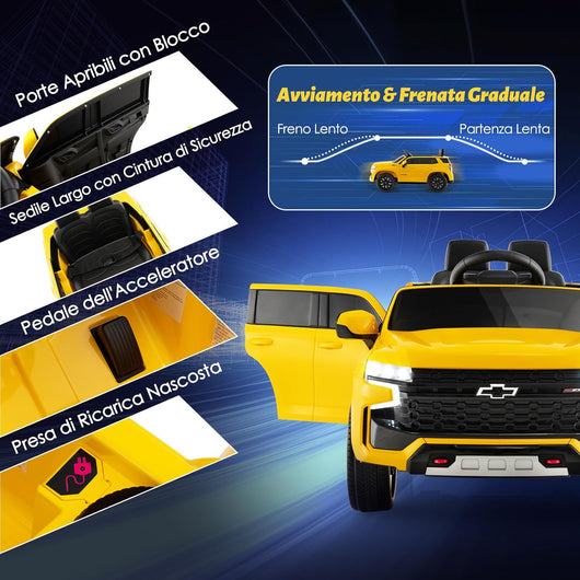 12V Macchina Elettrica per Bambini Chevrolet, SUV Elettrica con Telecomando Luci Luminose e Musica, 3-3,5 km/h, Ideale per Bambini di 3-6 Anni (Giallo)