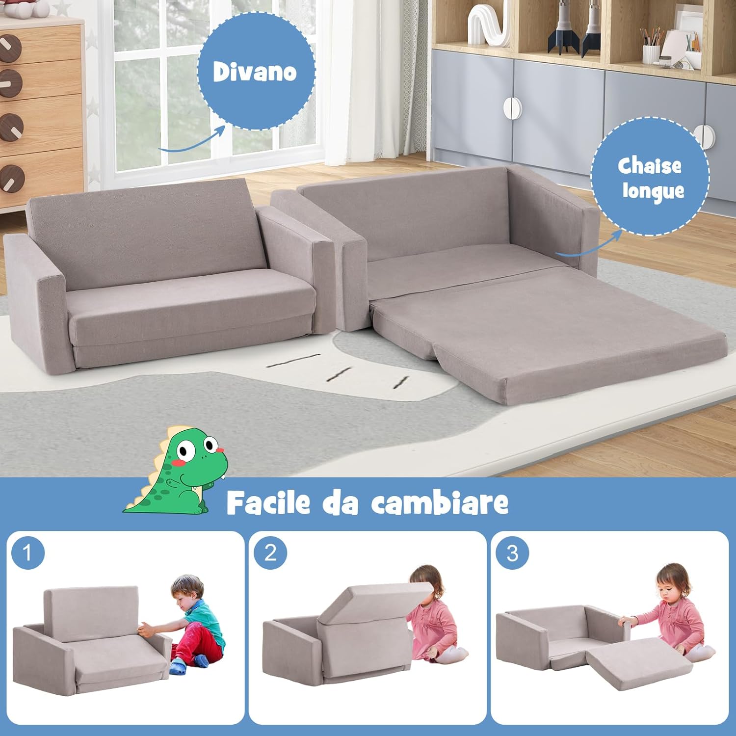 Divano Convertibile per Bambini 2-in-1, Poltrona per Bambini con Copertura Morbida e Lavabile in Lavatrice, Divano per Bambini con Funzione Letto, per Bambini 1+ Anni (77 x 43 x 40 cm)