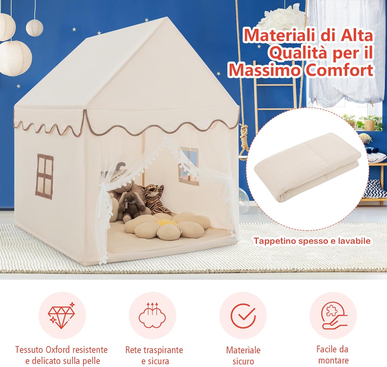 Tenda da Gioco per Bambini, Casetta per Bambini con Struttura in Solido Legno, Tappetino di Cotone, Tenda a Rete e Finestre, 105x120x140 cm (Beige)