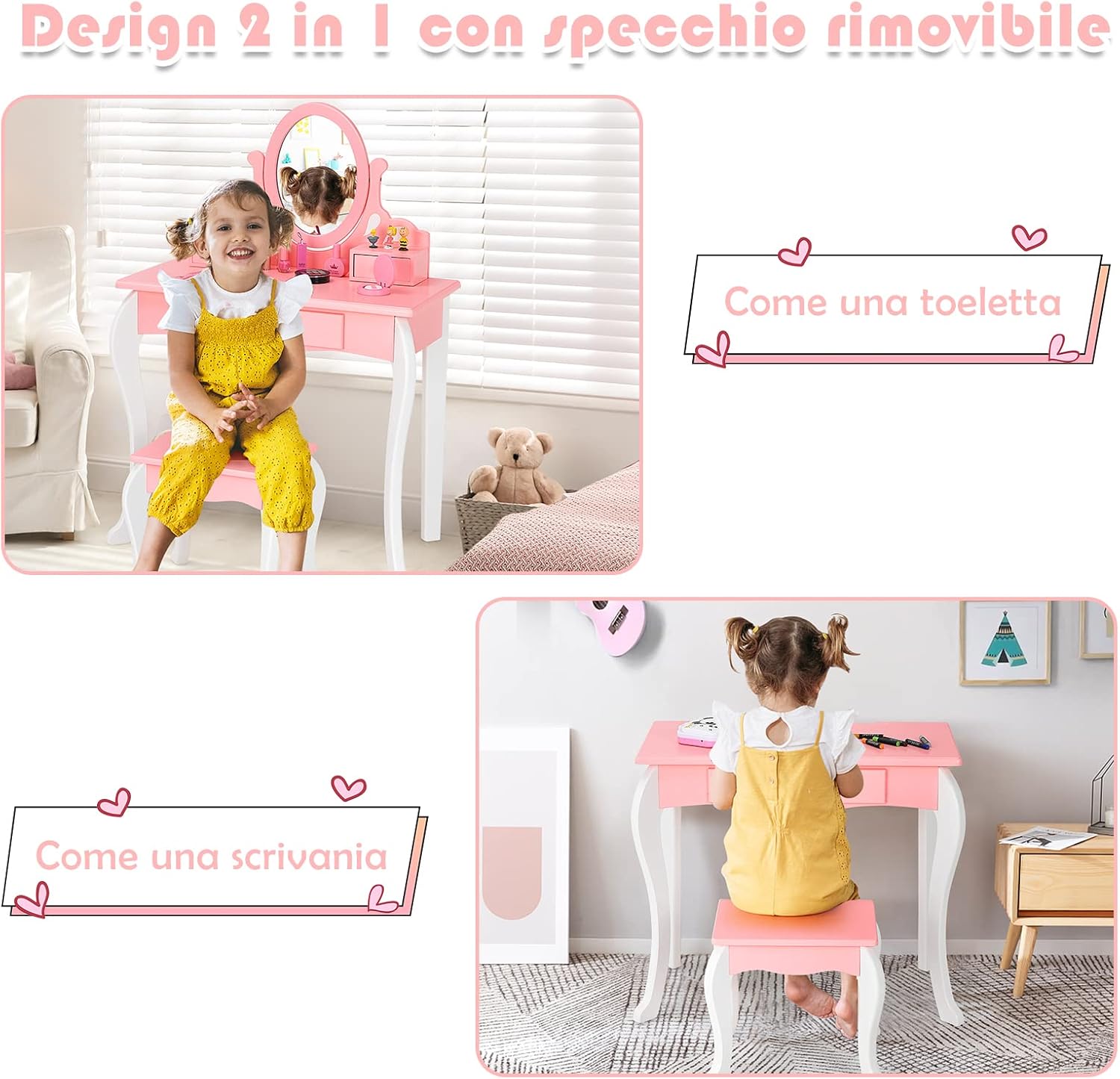 Toeletta Trucco con Sgabello per Bambini, Toeletta Trucco Bambina con Specchio Girevole a 360° e 3 Cassetti, 2-in-1 Postazione Trucco, 3+ Anni (Rosa)