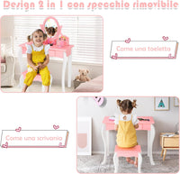 Toeletta Trucco con Sgabello per Bambini, Toeletta Trucco Bambina con Specchio Girevole a 360° e 3 Cassetti, 2-in-1 Postazione Trucco, 3+ Anni (Rosa)
