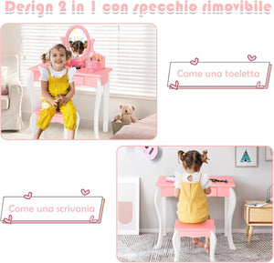 Toeletta Trucco con Sgabello per Bambini, Toeletta Trucco Bambina con Specchio Girevole a 360° e 3 Cassetti, 2-in-1 Postazione Trucco, 3+ Anni (Rosa)