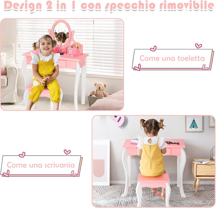 Toeletta Trucco con Sgabello per Bambini, Toeletta Trucco Bambina con Specchio Girevole a 360° e 3 Cassetti, 2-in-1 Postazione Trucco, 3+ Anni (Rosa)