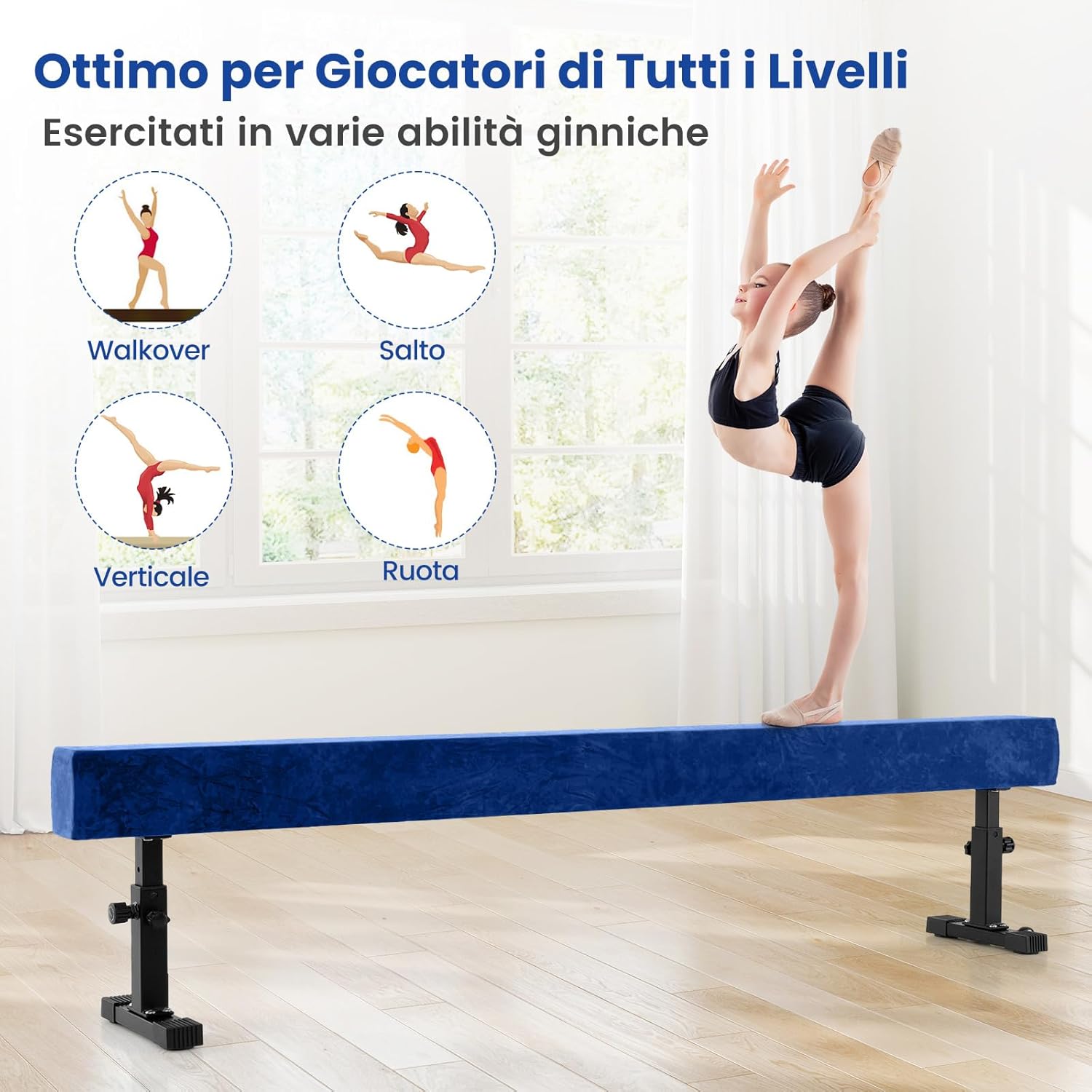 Trave Ginnastica Artistica per Casa Regolabile 226 cm, Trave di Equilibrio con Ruote e 3 Altezze Regolabili e Gambe Robuste per Principianti e Professionisti