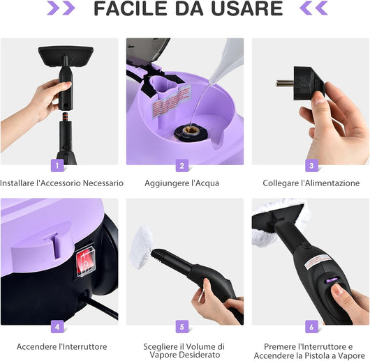 2000W Pulitore a Vapore con 19 Accessori e Serbatoio da 1,5L, Vapore per Tappeti, per Pulizie Profonde Pavimenti Finestre e Macchine (viola)
