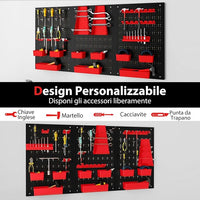 Pannello Forato da Muro, Organizzatore con 9 Contenitori, Supporti per Martelli, Portautensili e Ganci, Ideale per Garage e Officina (Rosso)