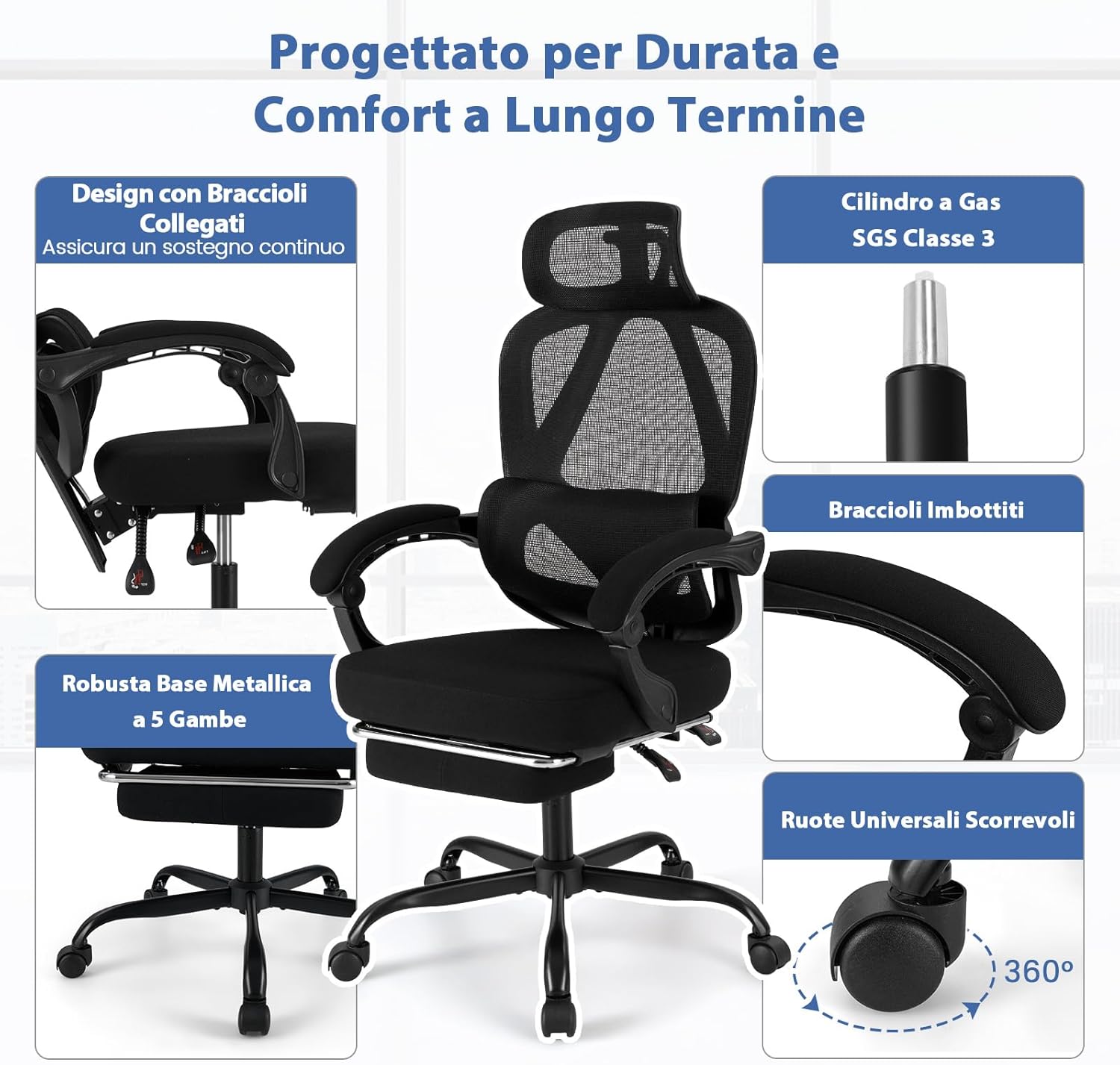 Sedia da Ufficio con Ruote, Sedia da Scrivania con Altezza Regolabile, Poggiapiedi Estraibile, Schienale Regolabile a 135°, Poggiatesta e Supporto Lombare Regolabili, Portata 160 kg