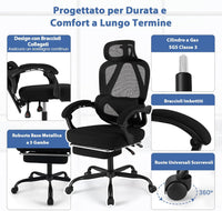 Sedia da Ufficio con Ruote, Sedia da Scrivania con Altezza Regolabile, Poggiapiedi Estraibile, Schienale Regolabile a 135°, Poggiatesta e Supporto Lombare Regolabili, Portata 160 kg