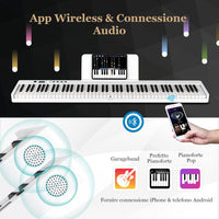 Tastiera Elettronica 88 Tasti Semi-Pesati Illuminati, Pianoforte Digitale Pieghevole Portatile con Custodia, Sustain Pedali, Modalità di Insegnamento, MP3/USB/MIDI/Bluetooth (Bianco)