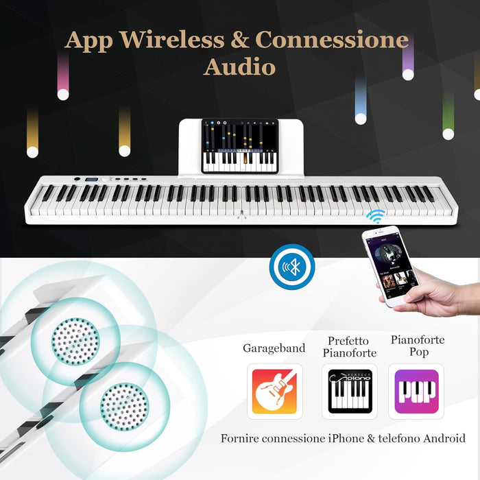 Tastiera Elettronica 88 Tasti Semi-Pesati Illuminati, Pianoforte Digitale Pieghevole Portatile con Custodia, Sustain Pedali, Modalità di Insegnamento, MP3/USB/MIDI/Bluetooth (Bianco)