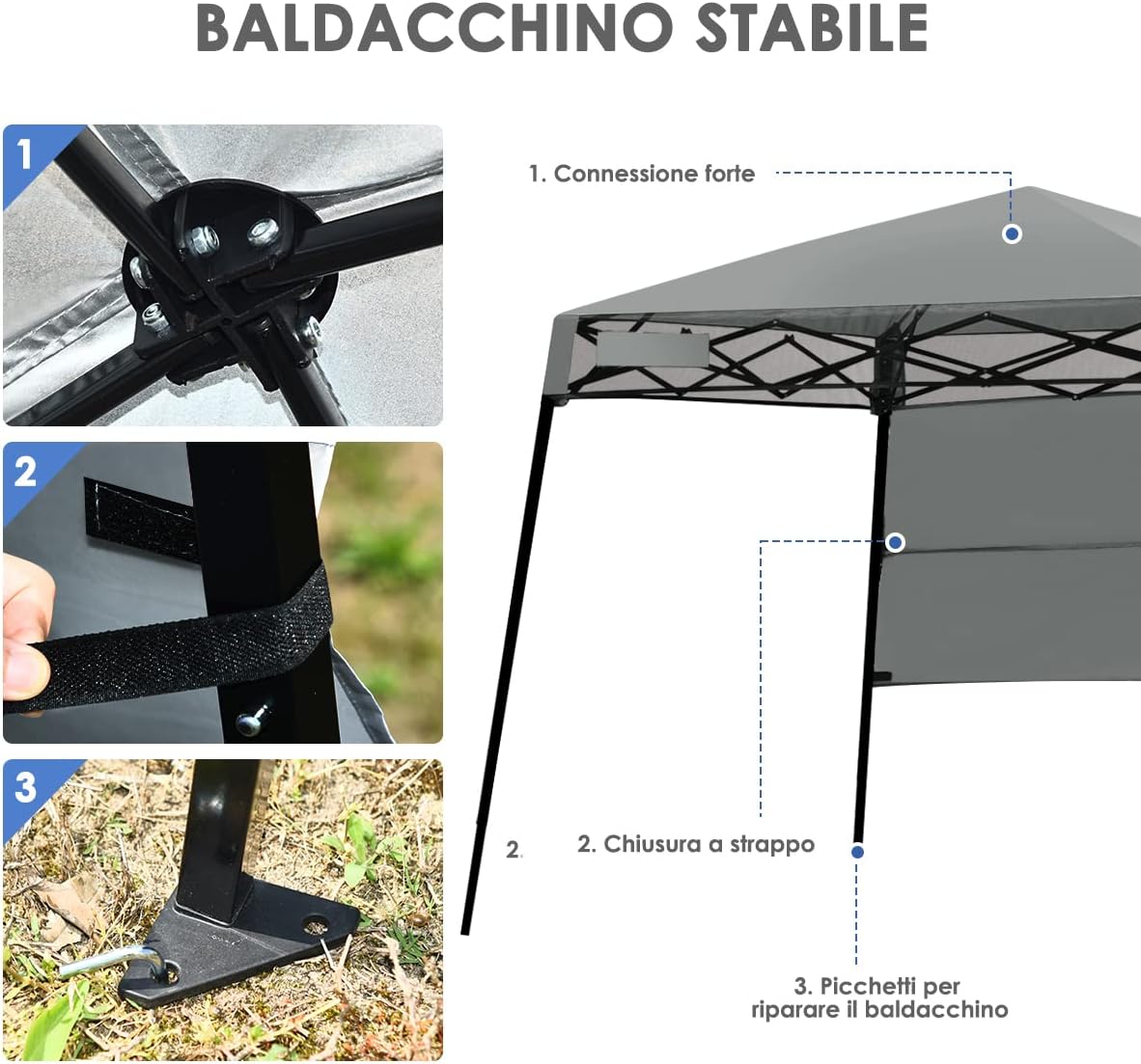 Gazebo Pieghevole da Giardino 210 x 210CM, Struttura in Acciaio, Altezza Regolabile, Gazebo da Esterno con Borsa, Ideale per Feste, Barbecue, Giardino e Spiaggia (grigio)