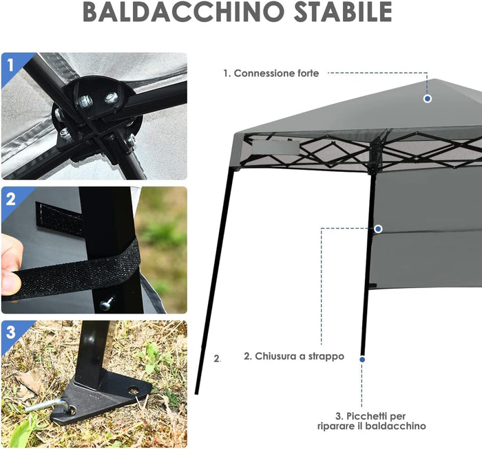 Gazebo Pieghevole da Giardino 210 x 210CM, Struttura in Acciaio, Altezza Regolabile, Gazebo da Esterno con Borsa, Ideale per Feste, Barbecue, Giardino e Spiaggia (grigio)