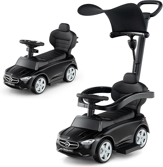 3 in 1 Auto a Spinta, Mercedes-Benz Macchina Cavalcabile, con Schienale Regolabile Suono Barra di Spinta e Tettuccio, per Bambini 18-36 Mesi (Nero)