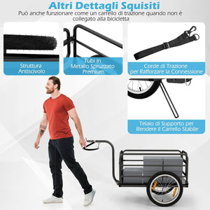 Carrello Cargo per Bicicletta Pieghevole, Rimorchio per Bici con Copertura in Tessuto Oxford e Ruote Pneumatiche con Relfettori, Carrello per Bici con Portata di 55 kg, 145,5 x 61 x 58 cm