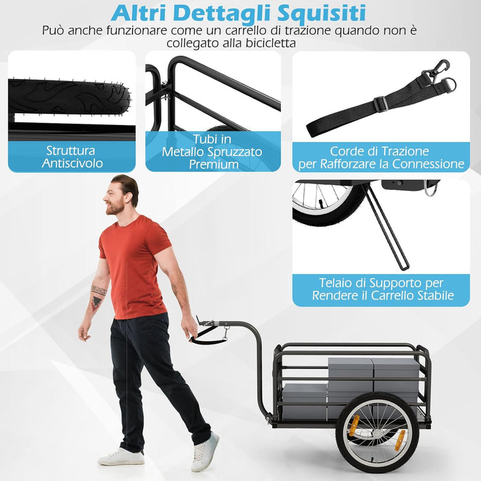 Carrello Cargo per Bicicletta Pieghevole, Rimorchio per Bici con Copertura in Tessuto Oxford e Ruote Pneumatiche con Relfettori, Carrello per Bici con Portata di 55 kg, 145,5 x 61 x 58 cm