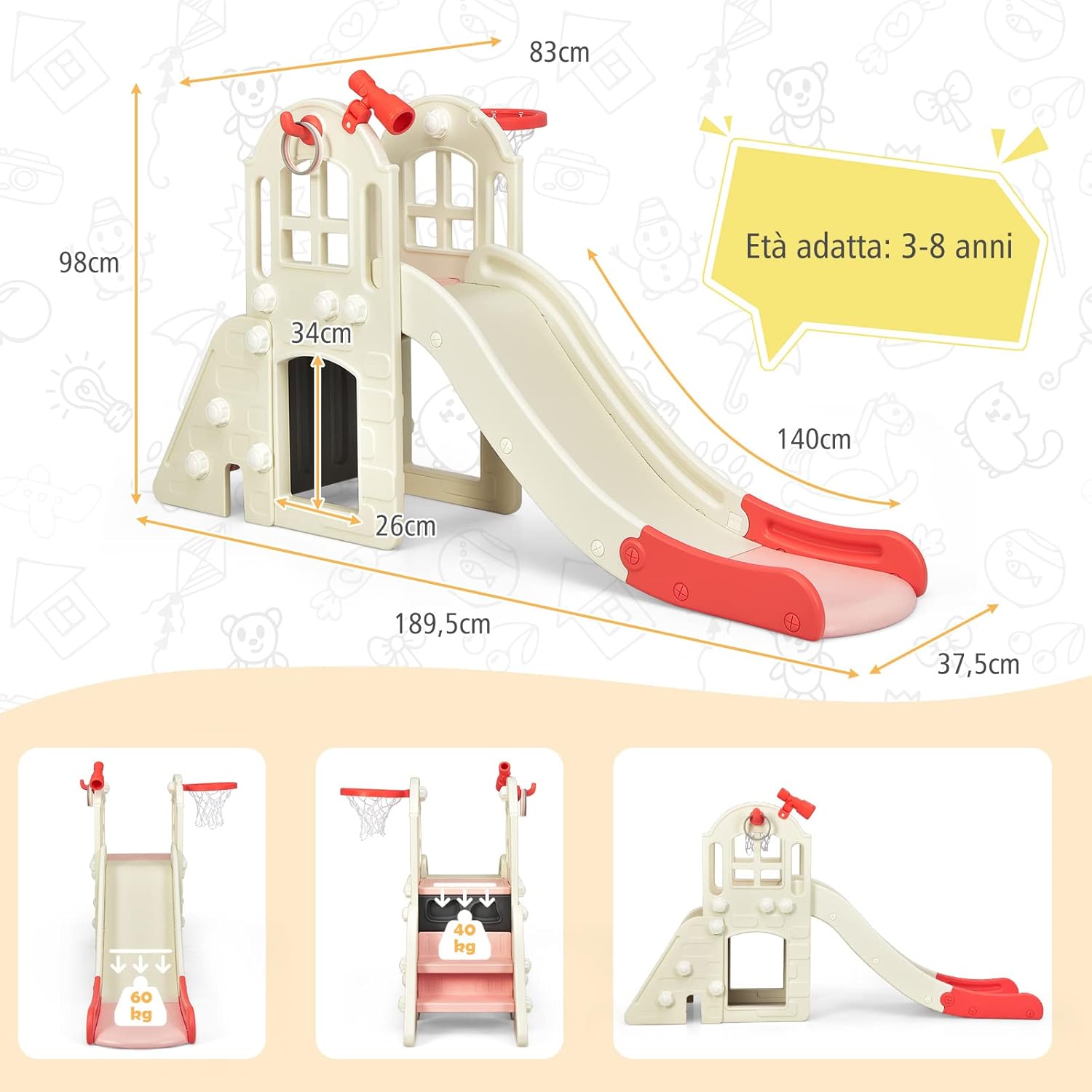 Scivolo per Bambini 6 in 1, Set da Gioco per Bambini con Canestro, Palla, Lancio dell'Anello e Cannocchiale, Ideale per Interni ed Esterni per Ragazzi e Ragazze, 189,5 x 83 x 98 cm (Rosa)