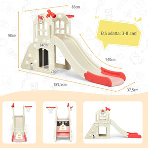 Scivolo per Bambini 6 in 1, Set da Gioco per Bambini con Canestro, Palla, Lancio dell'Anello e Cannocchiale, Ideale per Interni ed Esterni per Ragazzi e Ragazze, 189,5 x 83 x 98 cm (Rosa)
