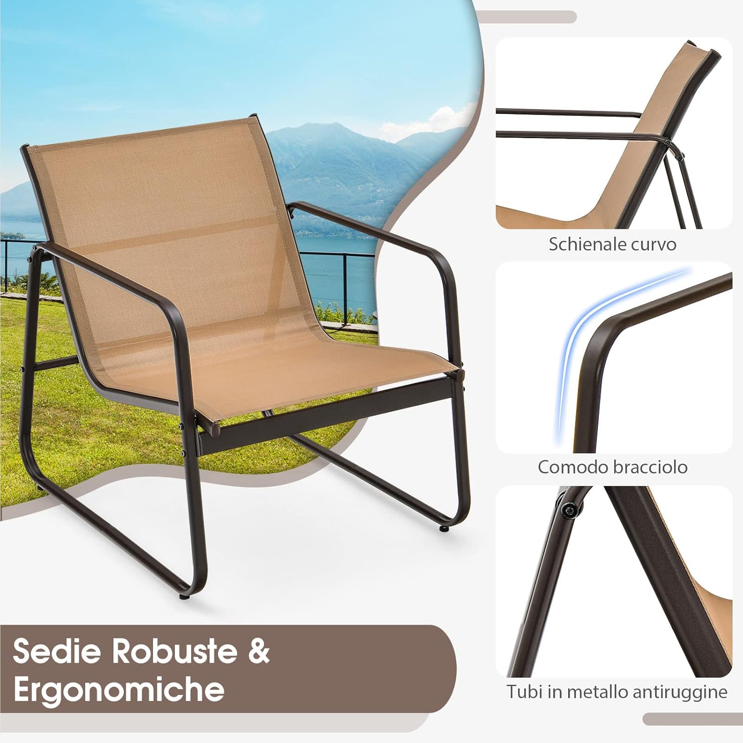 Set da Conversazione per Patio 3 Pezzi, Set di Sedie e Tavolo in Metallo e Textilene per Esterni, Piano Tavolo in Vetro Temperato, Set di Mobili per Giardino, Cortile, Bordo Piscina