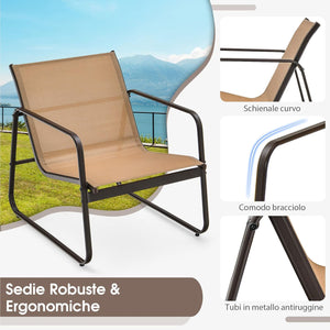 Set da Conversazione per Patio 3 Pezzi, Set di Sedie e Tavolo in Metallo e Textilene per Esterni, Piano Tavolo in Vetro Temperato, Set di Mobili per Giardino, Cortile, Bordo Piscina