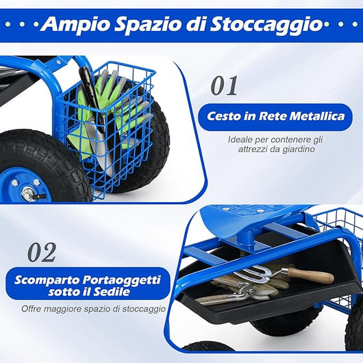 Sgabello da Giardino, Sgabello per Giardinaggio con Ruote, Sedile Regolabile in Altezza e Girevole a 360°, Cestello e Vassoio, Carrello per Prato e Giardino, Portata 150 kg (Blu)
