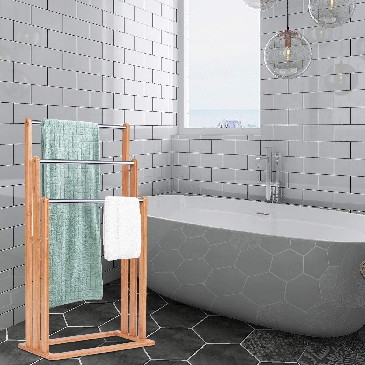 Portasciugamani in Bambù da Terra 46x24x84cm, Mobile Bagno con 3 Aste per Asciugamano in Acciaio Inox, Colore Naturale
