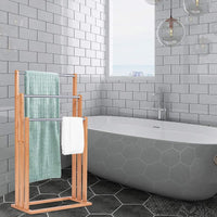 Portasciugamani in Bambù da Terra 46x24x84cm, Mobile Bagno con 3 Aste per Asciugamano in Acciaio Inox, Colore Naturale