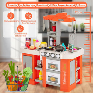 Cucina Giocattolo con Set di Accessori Cibo e Utensili, Cucina per Bambini con Suoni e Luci, Lavandino, Rubinetto, Scaffali, Forni e Fornelli, per Bambini 3+ Anni (Arancione)