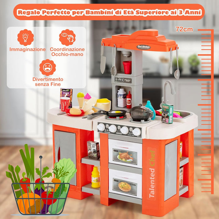 Cucina Giocattolo con Set di Accessori Cibo e Utensili, Cucina per Bambini con Suoni e Luci, Lavandino, Rubinetto, Scaffali, Forni e Fornelli, per Bambini 3+ Anni (Arancione)