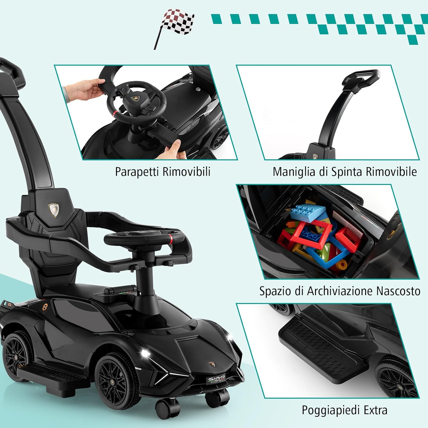 3 in 1 Auto da Spinta, Auto Scorrevole con Paracolpi e Manubrio Rimovibili Musica e Fari, Spazio di Stoccaggio Nascosto e Ruote Universali Staccabili, Bambini 18-24 Mesi (Nero)