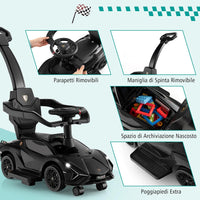 3 in 1 Auto da Spinta, Auto Scorrevole con Paracolpi e Manubrio Rimovibili Musica e Fari, Spazio di Stoccaggio Nascosto e Ruote Universali Staccabili, Bambini 18-24 Mesi (Nero)